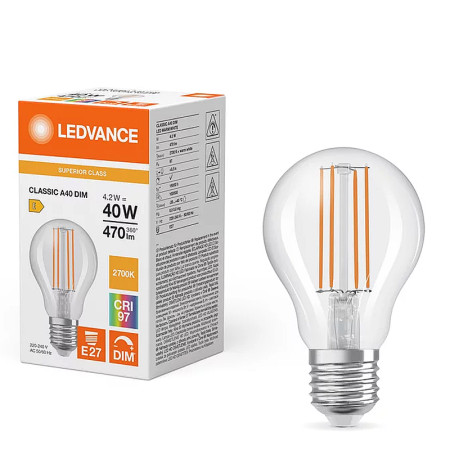 Žiarovka LEDVANCE LED CLA40D E27 4,2W/927 FILAMENT GLFR DIM CRI97 SC
