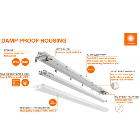 Prachotes IP65 pre LED trubice 2x1200mm LEDVANCE DAMP PROOF HOUSING ECO