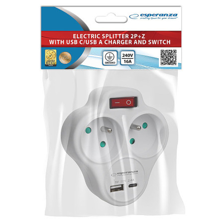 Rozdvojka ESPERANZA ELK311W biela (2xgula+V+USBC+USBA priamy trojuholník) (P99USBC)