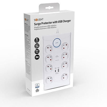 Prepäťová ochrana 2m/8z+V+USBA+USBC SOLIGHT PO80 biela