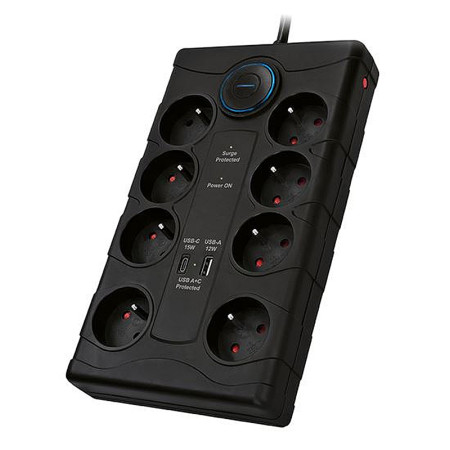 Prepäťová ochrana 2m/8z+V+USBA+USBC SOLIGHT PO80B čierna