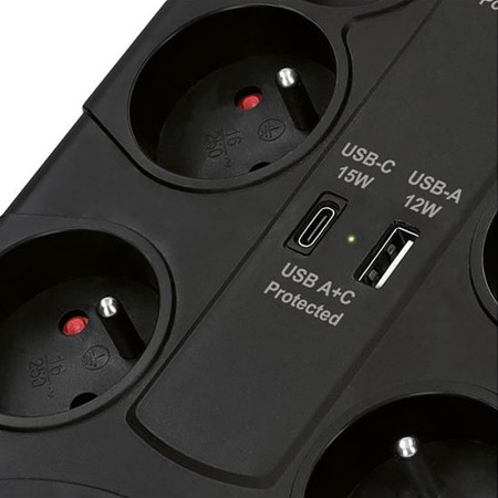 Prepäťová ochrana 2m/8z+V+USBA+USBC SOLIGHT PO80B čierna