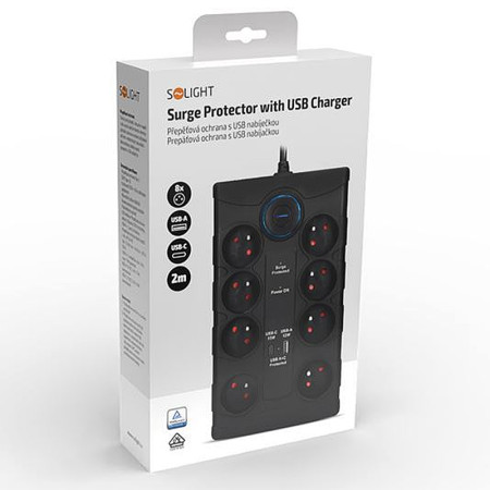 Prepäťová ochrana 2m/8z+V+USBA+USBC SOLIGHT PO80B čierna
