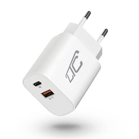 Adaptér 2xUSB 230V/5V-20V 3A USBC+USBA biely LTC LXQC28 20W