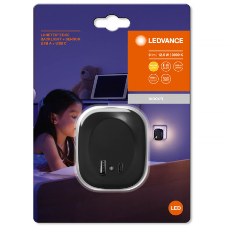 Svietidlo nočné LED LEDVANCE LUNETTA EDGE USBC+USBA súmrakový senzor čierne
