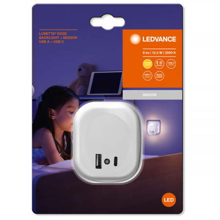 Svietidlo nočné LED LEDVANCE LUNETTA EDGE USBC+USBA súmrakový senzor biele