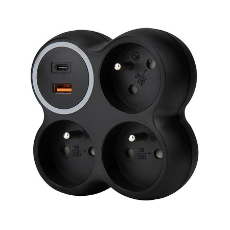 Rozdvojka SOLIGHT P106CB-PD20 čierna (3xgula+vypínač+USBA+USBC 20W)