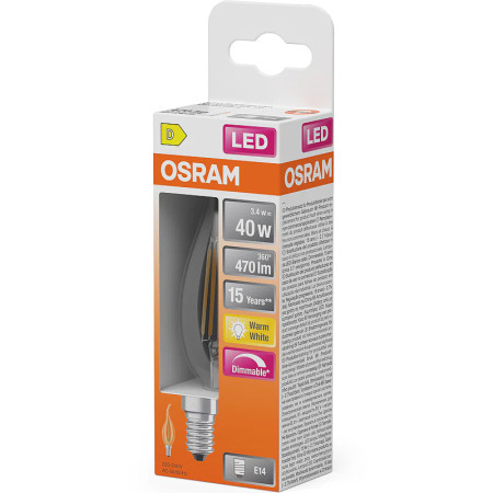 Žiarovka OSRAM LED SCLBA40D E14 3,4W/827 sviečka filament plameň DIM