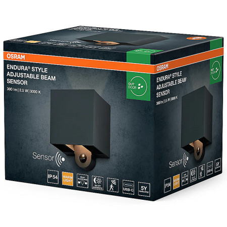 Vonkajšie nástenné svietidlo LED OSRAM ENDURA Style Adjustable Beam Sensor 2,5W 3000K USB Dark Grey