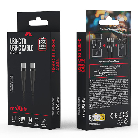 Kábel USBC-USBC 1m 60W čierny MAXLIFE OEM0101189
