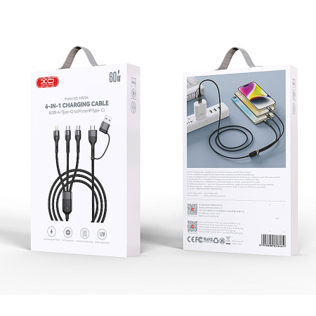 Kábel USBA/USBC-IPHONE/USBC/USBB micro 6v1 1,2m 60W čierny XO NB254