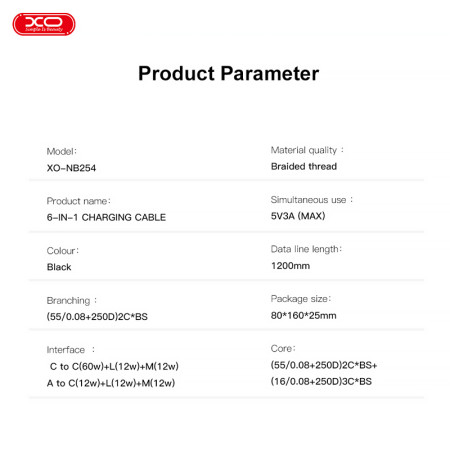 Kábel USBA/USBC-IPHONE/USBC/USBB micro 6v1 1,2m 60W čierny XO NB254