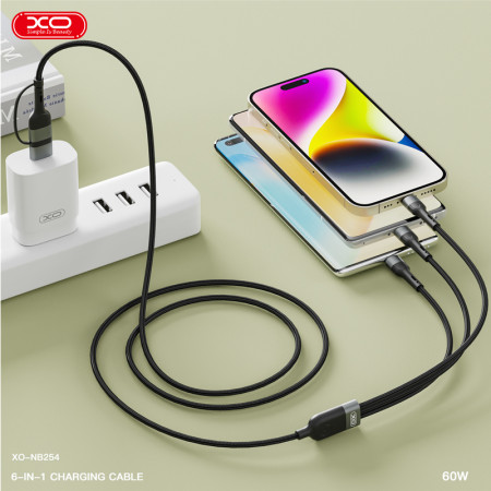 Kábel USBA/USBC-IPHONE/USBC/USBB micro 6v1 1,2m 60W čierny XO NB254
