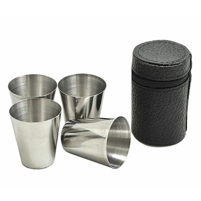 Nerezové poháriky 4ks 30ml štamperlíky v koženom púzdre
