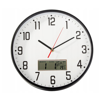 Hodiny nástenné okrúhle 30cm s teplomerom a dátumom ZD-30C čierne