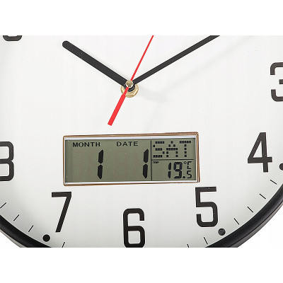 Hodiny nástenné okrúhle 30cm s teplomerom a dátumom ZD-30C čierne