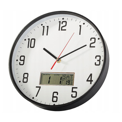 Hodiny nástenné okrúhle 30cm s teplomerom a dátumom ZD-30C čierne