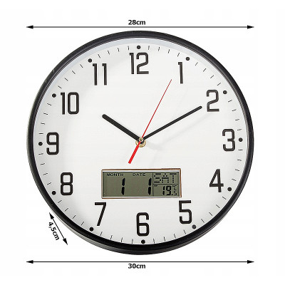 Hodiny nástenné okrúhle 30cm s teplomerom a dátumom ZD-30C čierne