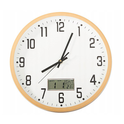 Hodiny nástenné okrúhle 30cm s teplomerom a dátumom ZD-30SD svetlé drevo imitácia