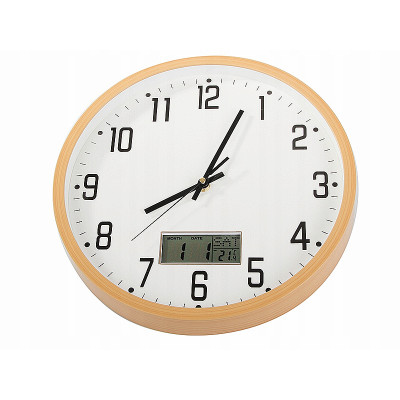 Hodiny nástenné okrúhle 30cm s teplomerom a dátumom ZD-30SD svetlé drevo imitácia