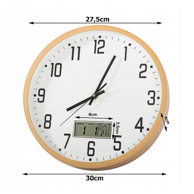 Hodiny nástenné okrúhle 30cm s teplomerom a dátumom ZD-30SD svetlé drevo imitácia