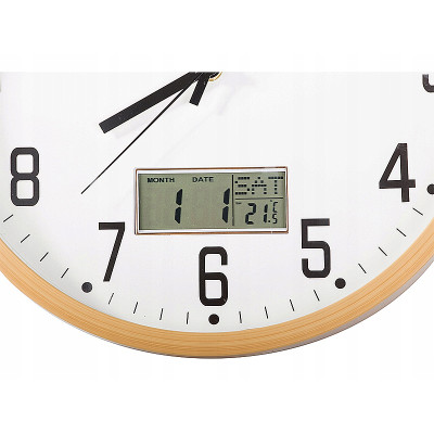 Hodiny nástenné okrúhle 30cm s teplomerom a dátumom ZD-30SD svetlé drevo imitácia