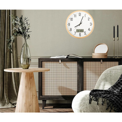 Hodiny nástenné okrúhle 30cm s teplomerom a dátumom ZD-30SD svetlé drevo imitácia