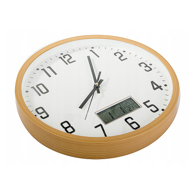 Hodiny nástenné okrúhle 30cm s teplomerom a dátumom ZD-30SD svetlé drevo imitácia