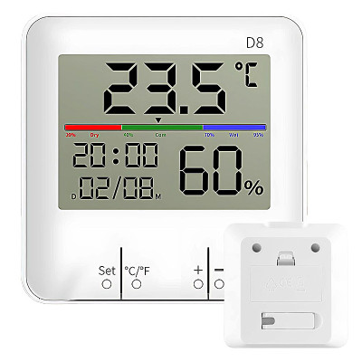 Teplomer a vlhkomer s hodinami vnútorný HUMIDITY D8