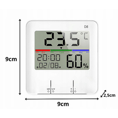 Teplomer a vlhkomer s hodinami vnútorný HUMIDITY D8