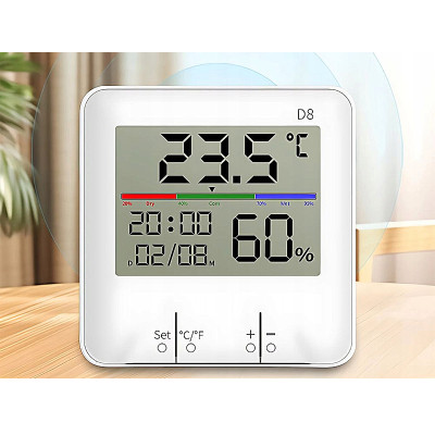 Teplomer a vlhkomer s hodinami vnútorný HUMIDITY D8