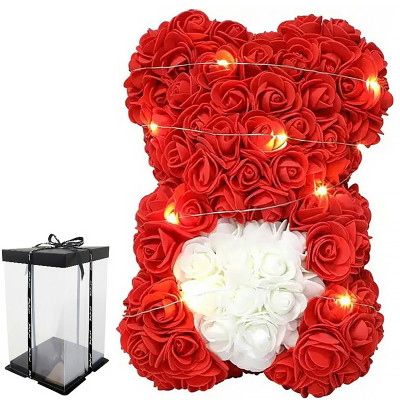 Darček Medvedík z ruží červeno-biely 25cm DMCB-25L s LED