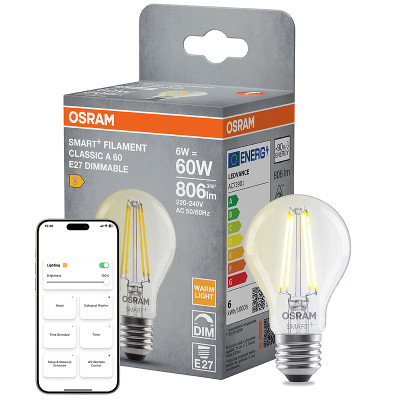 Žiarovka OSRAM LED SMART+MATTER WIFI CLA60D E27 6W/827 FILAMENT DIM