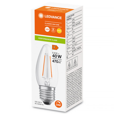 Žiarovka LEDVANCE LED CLB40D E27 4,8W/827 sviečka FILAMENT DIM PMC