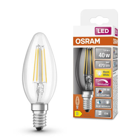 Žiarovka OSRAM LED SPCLB40D E14 3,4W/927 sviečka FILAMENT DIM CRI90 BLUE REDUCED