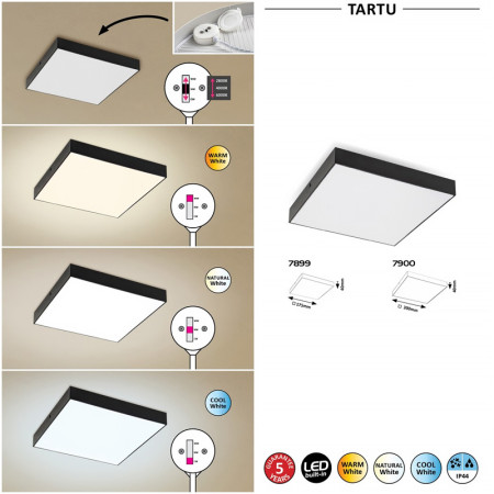 Stropnica LED 300x300mm 24w 28-6000K CCT IP44 matná čierna 2500lm RABALUX 7900 TARTU