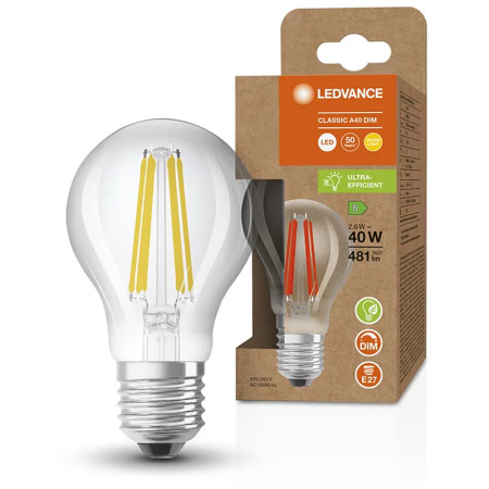 Žiarovka LEDVANCE LED CLA40D E27 2,6W/827 FILAMENT ENERGY EFFICIENCY SC DIM