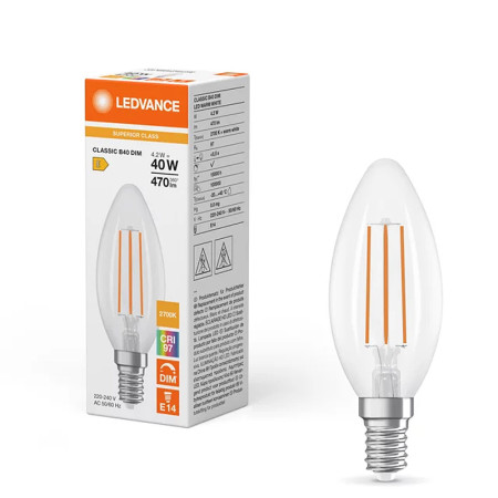 Žiarovka LEDVANCE LED CLB40D E14 4,2W/927 sviečka FILAMENT DIM SC CRI97