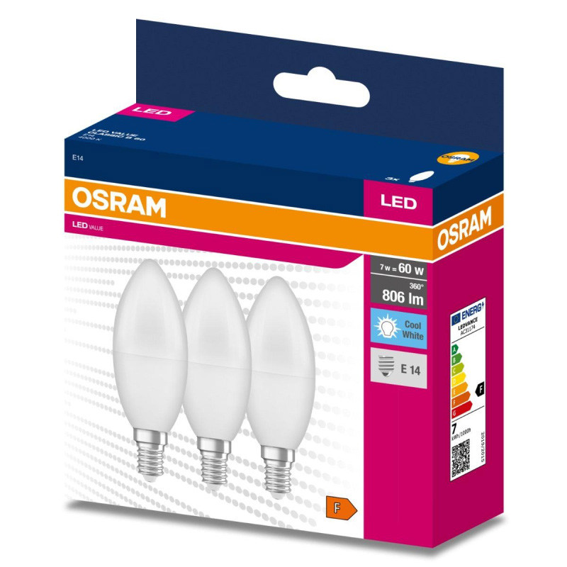 Žiarovka OSRAM LED VALUE CLB60 E14 7W/840 3balenie BASECLB60 sviečka