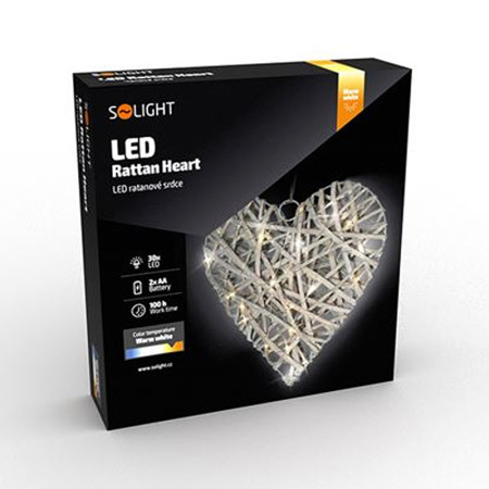 Vianočná dekorácia ratanové srdce 30LED 2xAA SOLIGHT 1V245