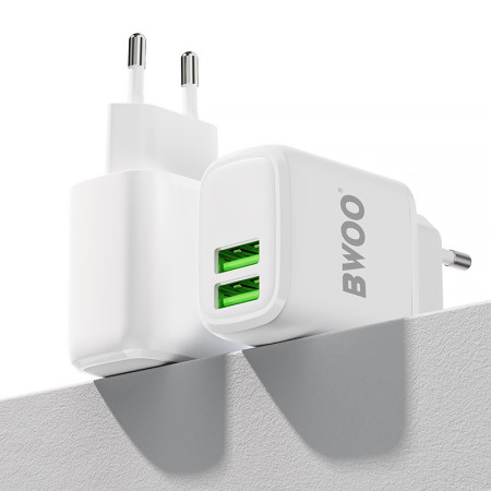 Adaptér 2xUSB 230V/5V 2,4A biely BWOO CDA60C +kábel USBA-USBC 1m