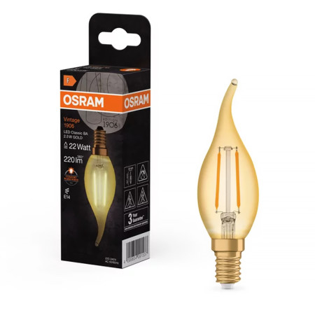 Žiarovka OSRAM LED Vintage 1906 LCLBA22 E14 2,5W/824 sviečka FILAMENT GOLD plameň