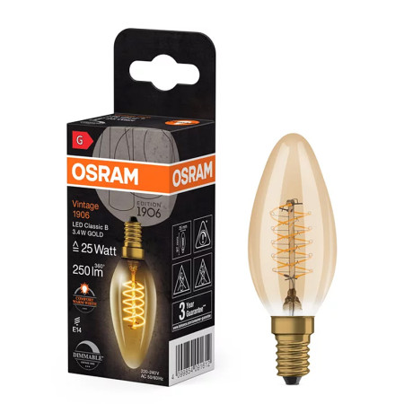 Žiarovka OSRAM LED 1906 E14 3,4W/822 CLB25 FILAMENT GOLD sviečka DIM