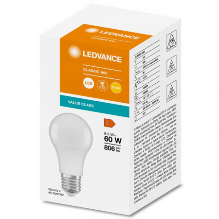 Žiarovka LEDVANCE LED CLA60 E27 8W/827 VALUE CLASS