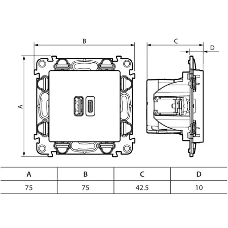 Dvojzásuvka 2xUSB nabíjačka USBA+USBC LEGRAND VALENA LIFE 756306 čierna
