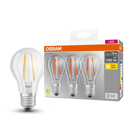 Žiarovka OSRAM LED BCLA75 E27 7,5W/827 3balenie FILAMENT BASECLA75
