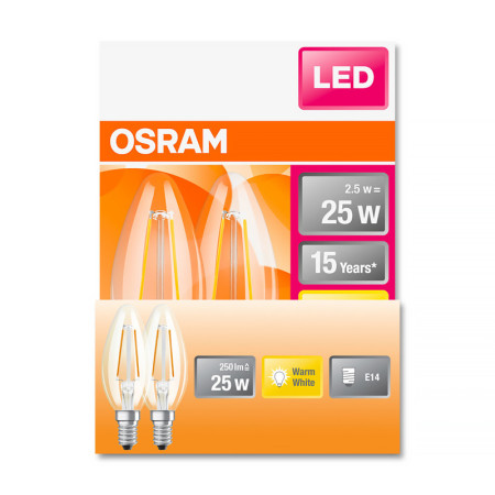 Žiarovka OSRAM LED CLB25 E14 2,5W/827 2balenie FILAMENT BASECLB25 sviečka