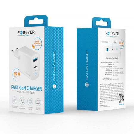 Adaptér 2xUSB 230V/5V-20V USBC+USBA FOREVER TC-06-65AC 65W GaN PD+QC